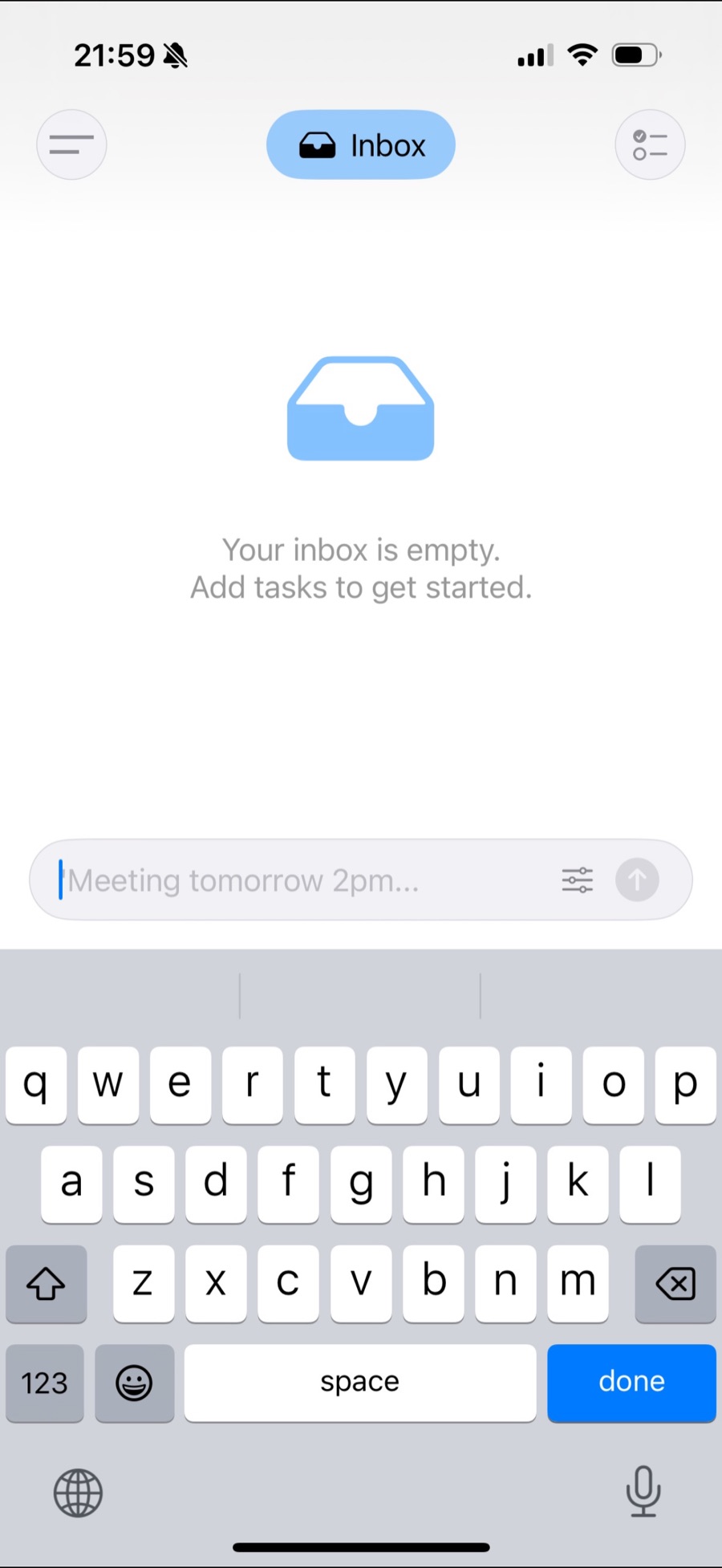Empty Stack inbox with a single input field reading “Meeting tomorrow 2pm…”